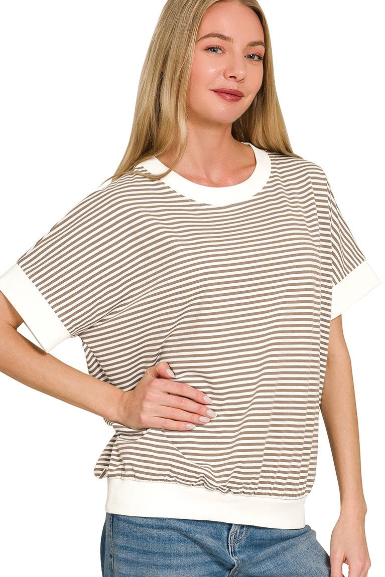 Striped Short Sleeve Banded Top | Mocha