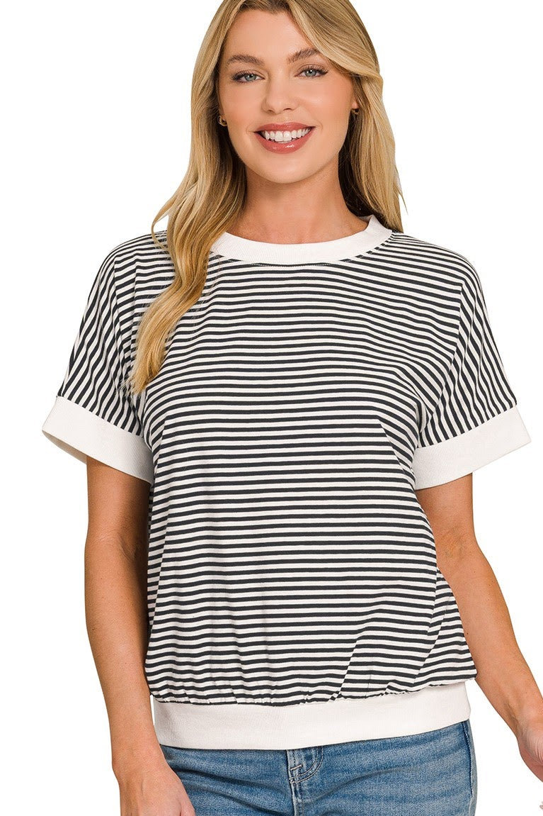 Striped Short Sleeve Banded Top | Black