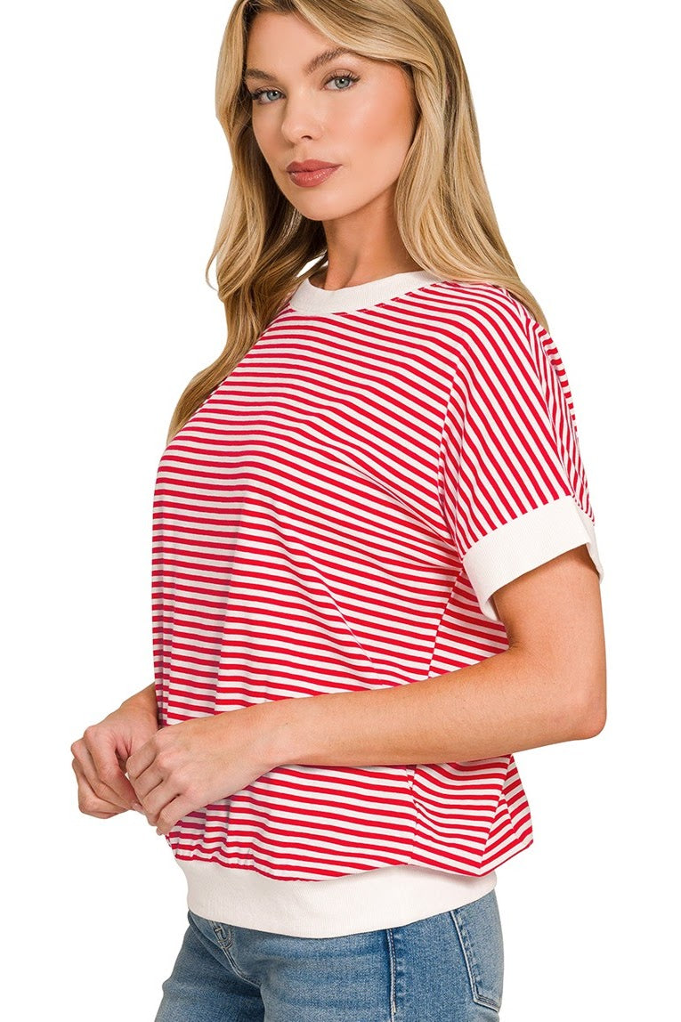 Striped Short Sleeve Banded Top | Red