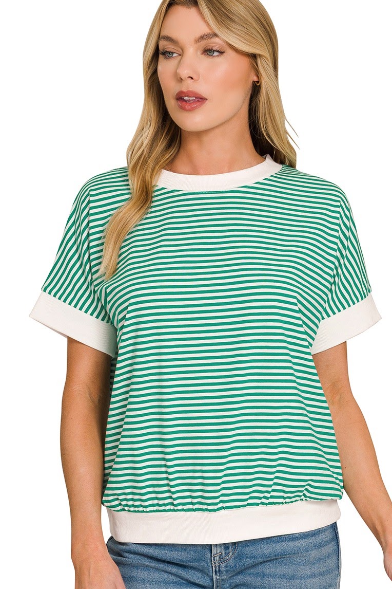 Striped Short Sleeve Banded Top | Kelly Green