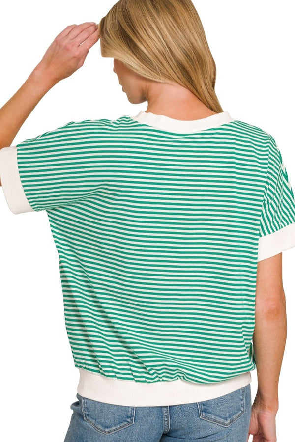 Striped Short Sleeve Banded Top | Kelly Green