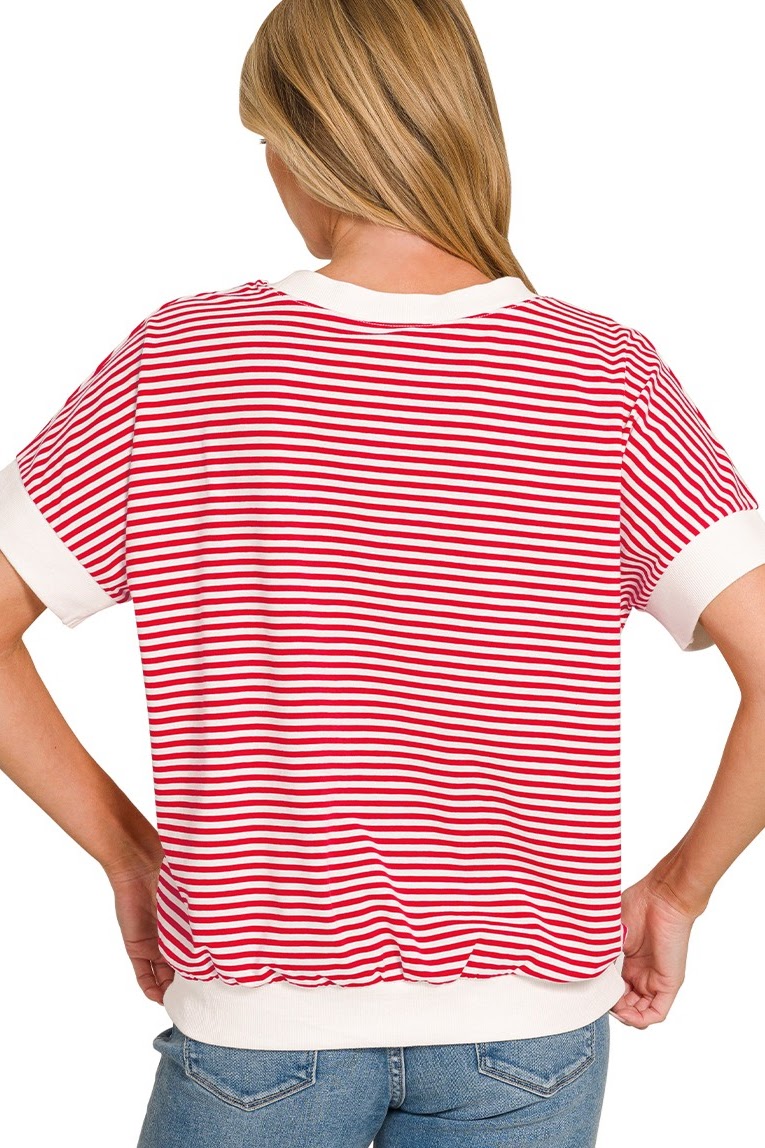 Striped Short Sleeve Banded Top | Red