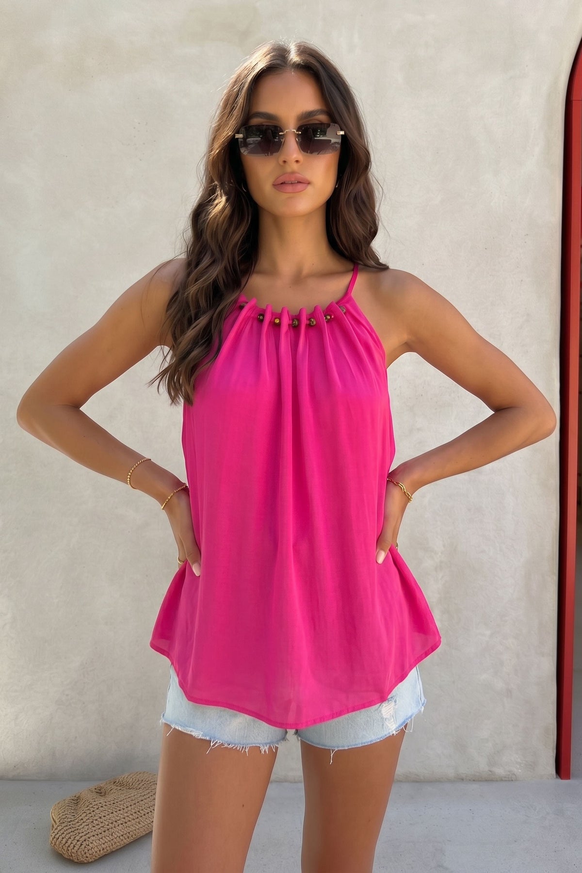 Silky Bead Detail Spaghetti Strap Tank Top | Hot Pink