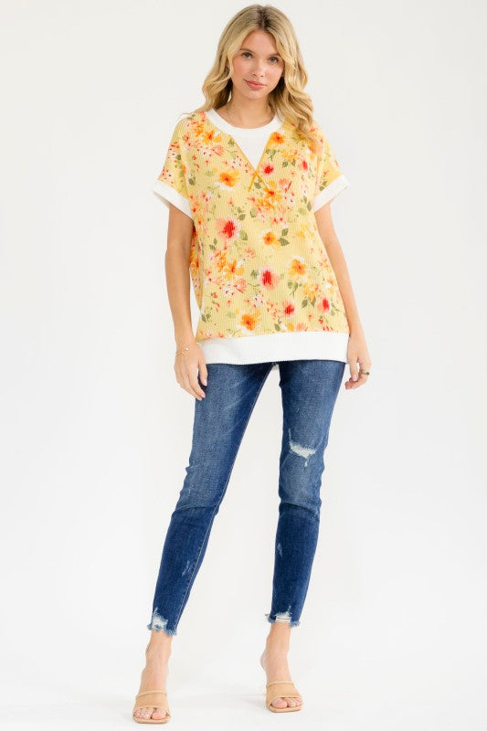 Floral Ribbed Short Sleeve Top | Yellow