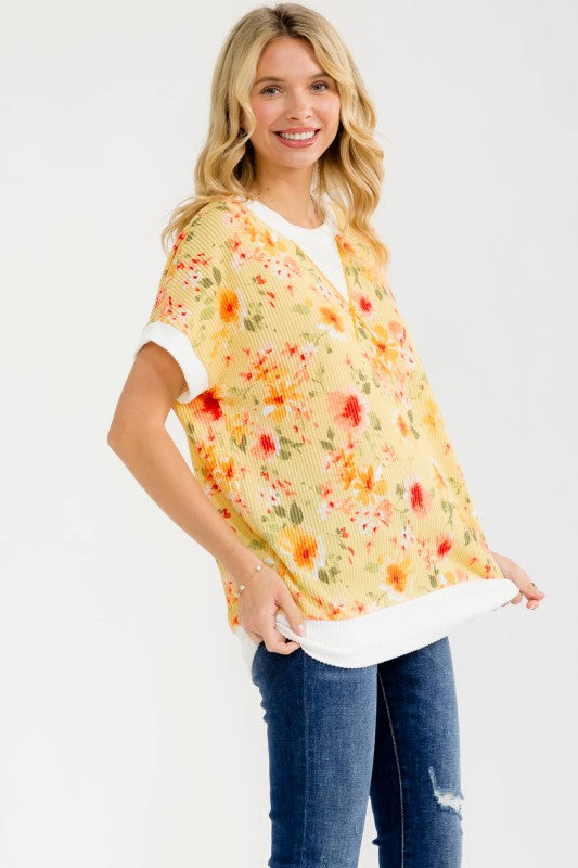 Floral Ribbed Short Sleeve Top | Yellow