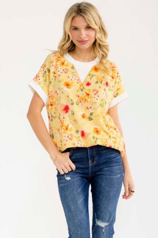 Floral Ribbed Short Sleeve Top | Yellow