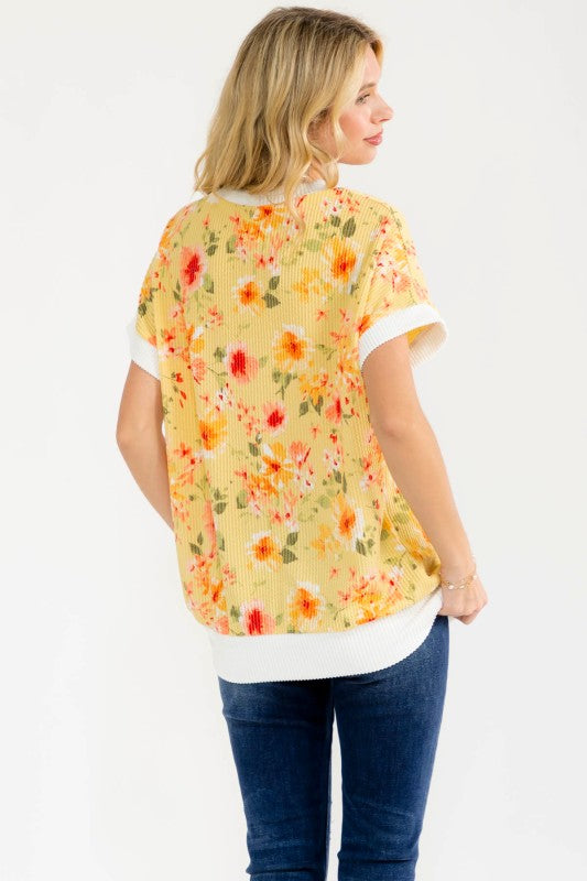 Floral Ribbed Short Sleeve Top | Yellow