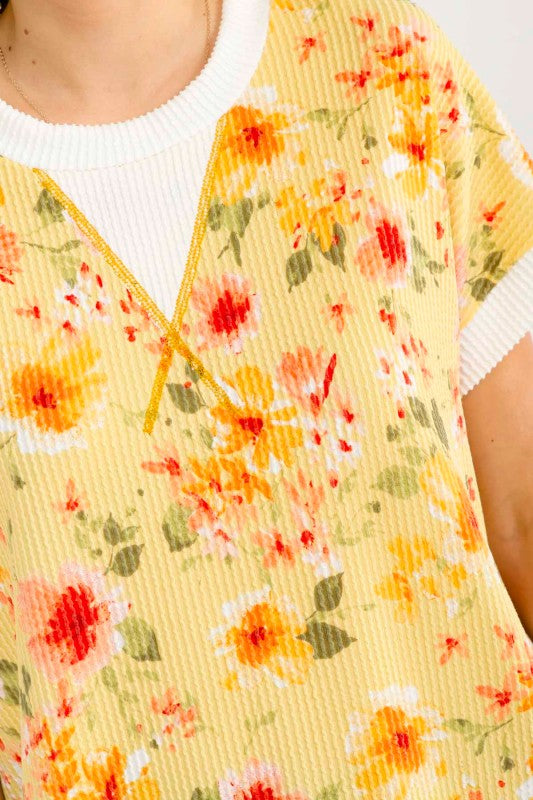 Floral Ribbed Short Sleeve Top | Yellow