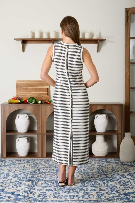 Stripe Back Button Knit Midi Dress | Ivory