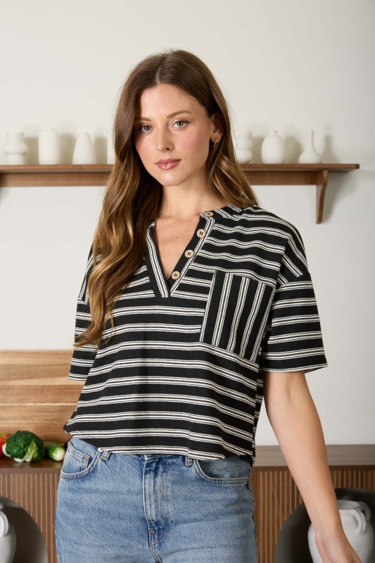 Stripe Boxy Henley Knit Top | Black