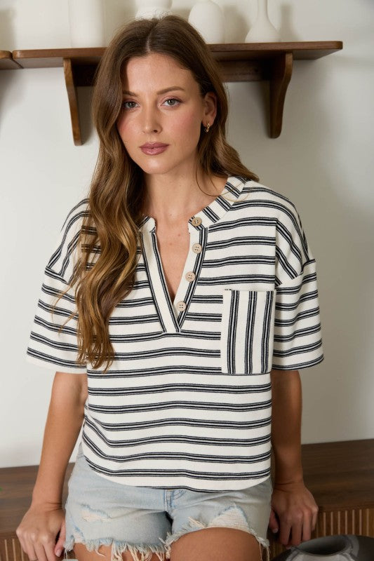 Stripe Boxy Henley Knit Top | Ivory