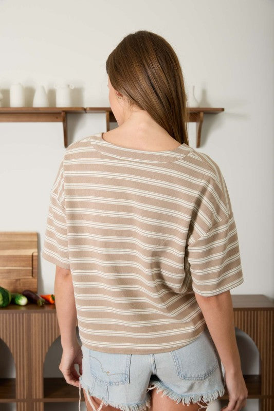 Stripe Boxy Henley Knit Top | Mocha