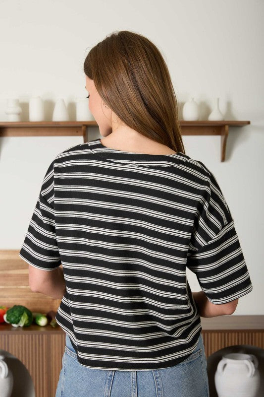 Stripe Boxy Henley Knit Top | Black