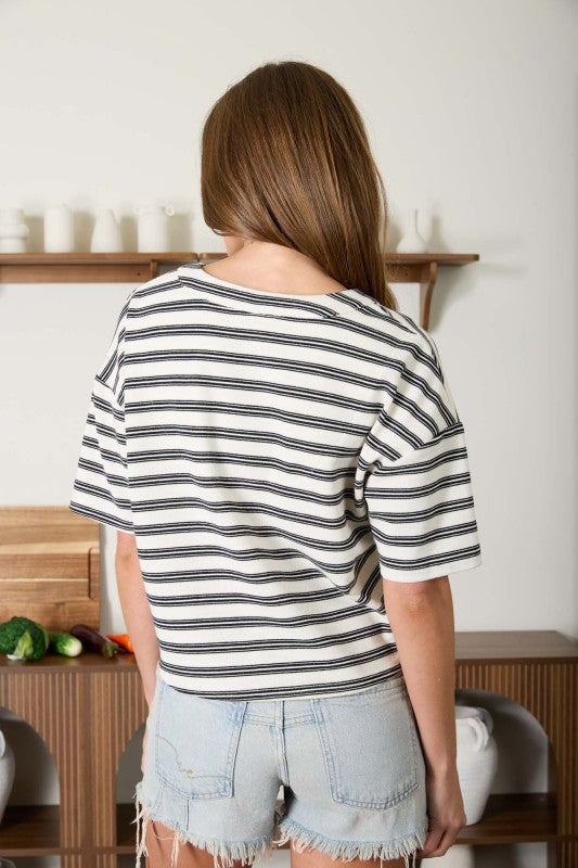 Stripe Boxy Henley Knit Top | Ivory