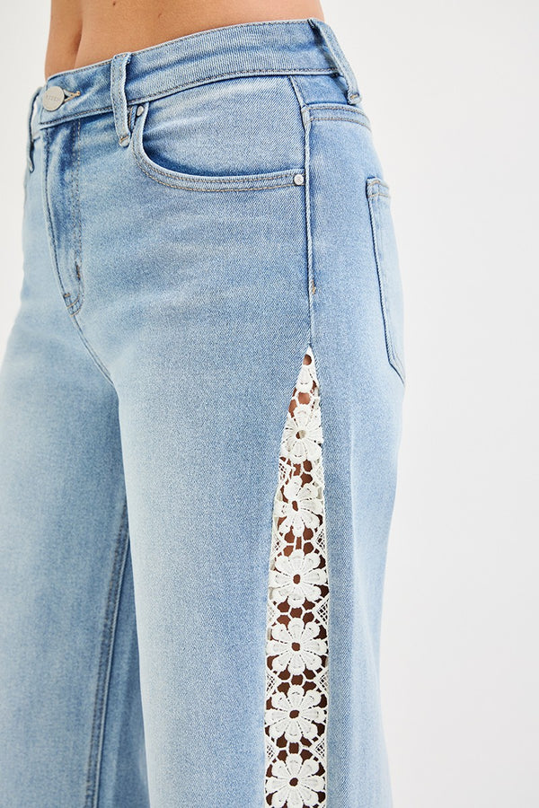 Risen Jeans | High Rise Crop Wide Flower Lace