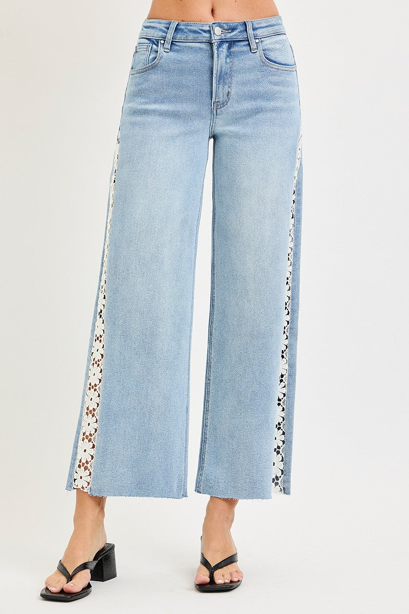 Risen Jeans | High Rise Crop Wide Flower Lace