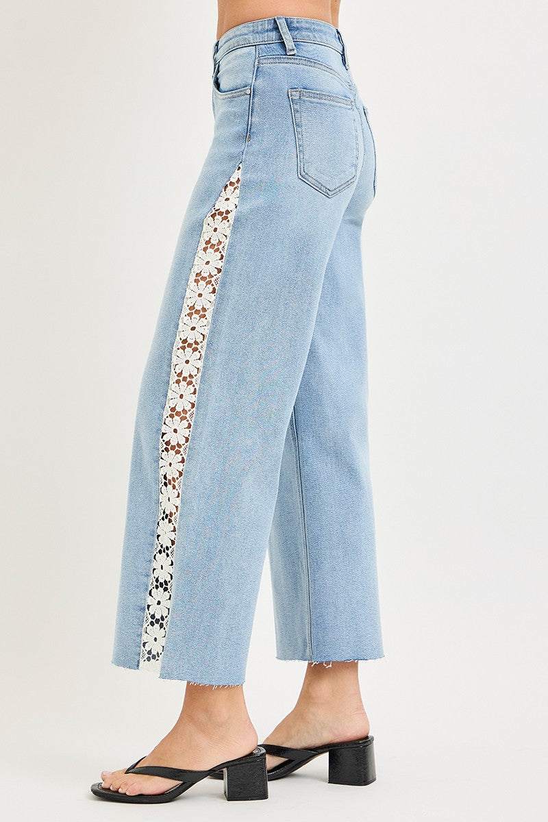 Risen Jeans | High Rise Crop Wide Flower Lace
