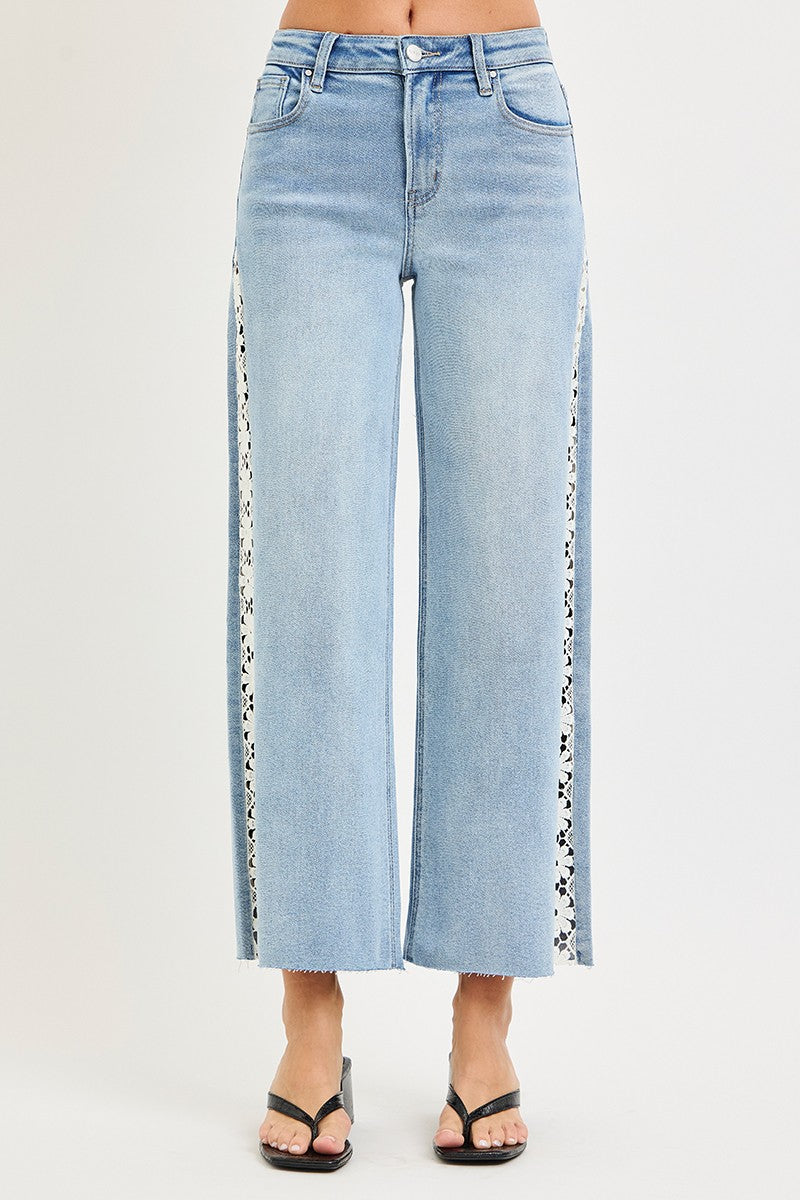 Risen Jeans | High Rise Crop Wide Flower Lace
