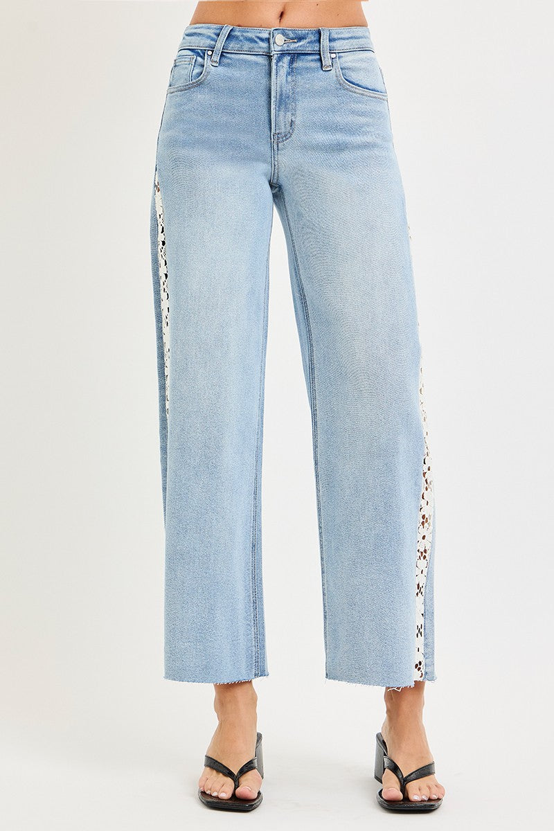 Risen Jeans | High Rise Crop Wide Flower Lace