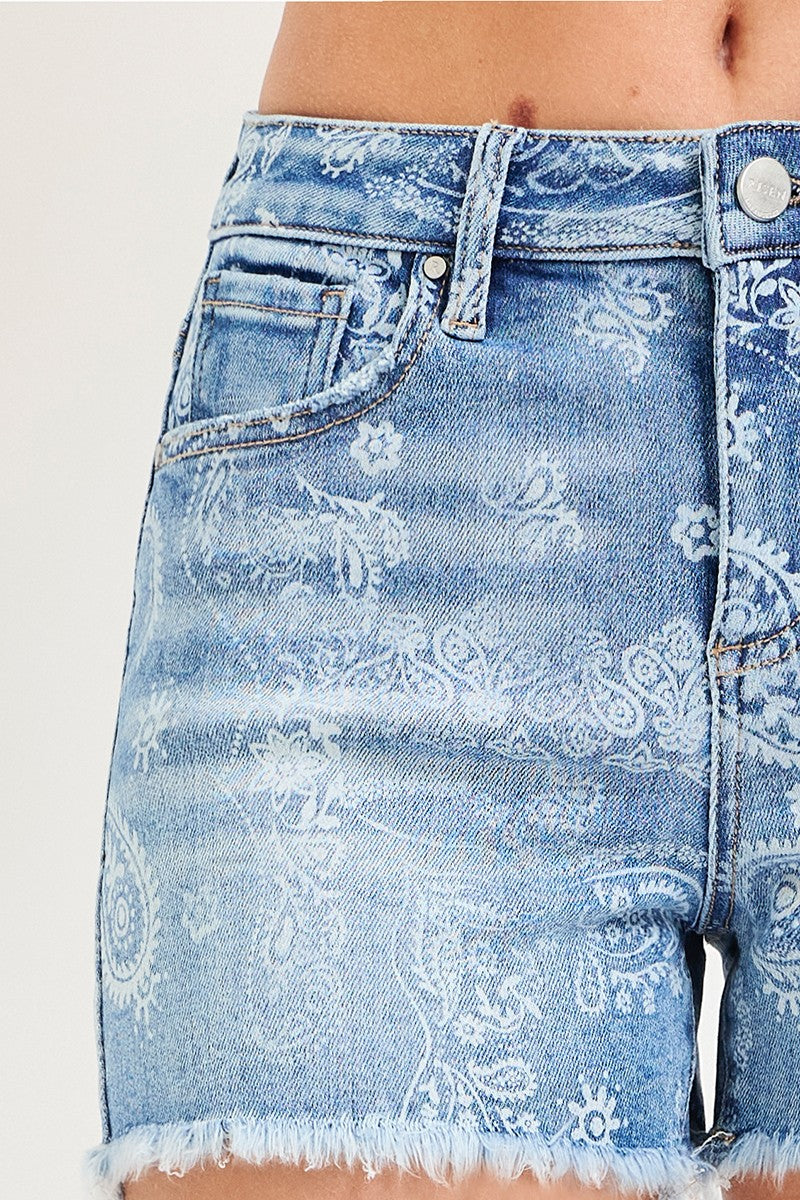 Risen Denim Shorts | High Rise Paisley Print