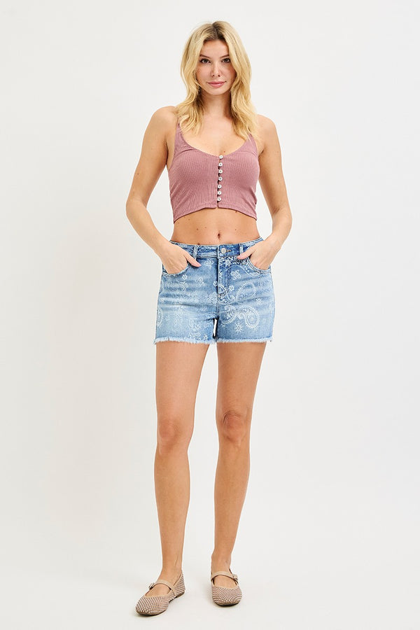 Risen Denim Shorts | High Rise Paisley Print