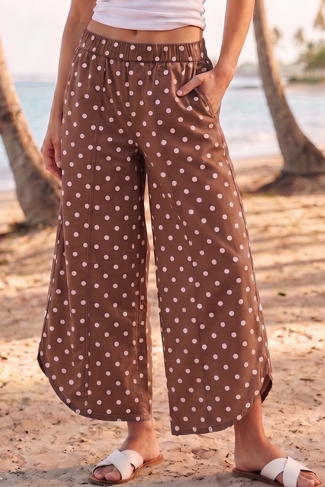 Tulip Washed Relaxed Fit Pants | Mocha Polka Dots