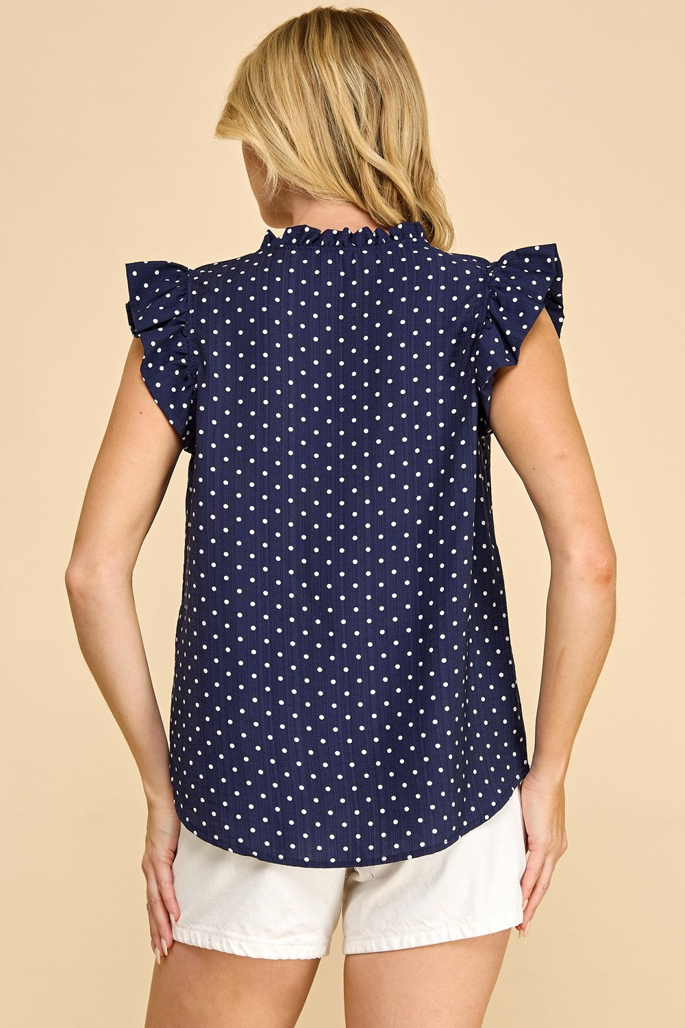 Polka Dot Ruffled Sleeve Top | Navy