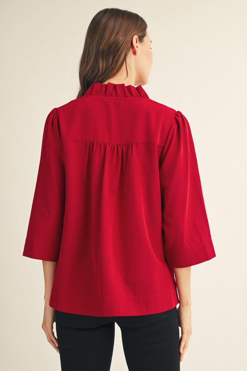 Ruffled Neck Crinkled 3/4 Sleeve Top | Burgundy