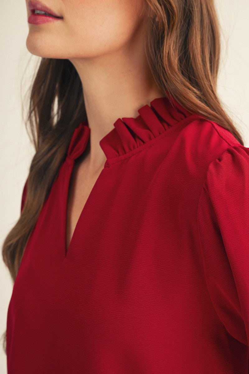 Ruffled Neck Crinkled 3/4 Sleeve Top | Burgundy