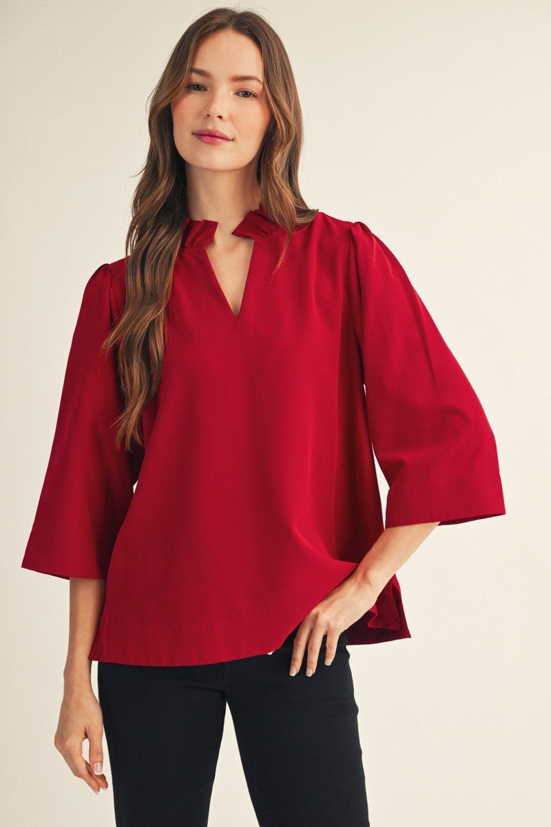Ruffled Neck Crinkled 3/4 Sleeve Top | Burgundy