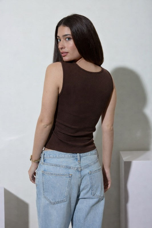 Button Down Split Hem Tank Top | Brown