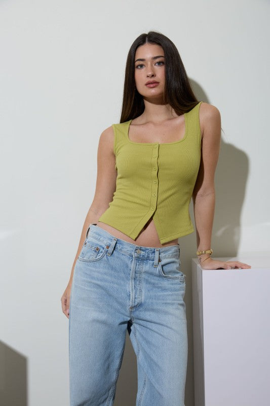 Button Down Split Hem Tank Top | Apple Green