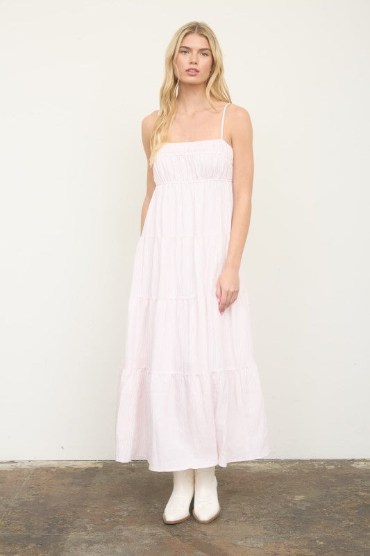 Striped Empire Waist Tiered Midi Dress | Light Pink