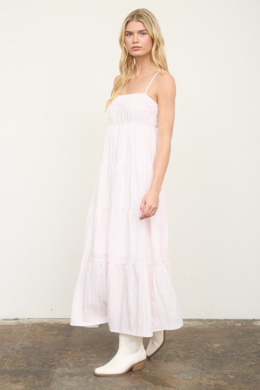 Striped Empire Waist Tiered Midi Dress | Light Pink