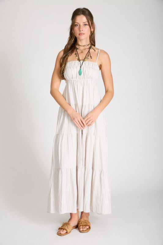 Striped Empire Waist Tiered Midi Dress | Light Mocha
