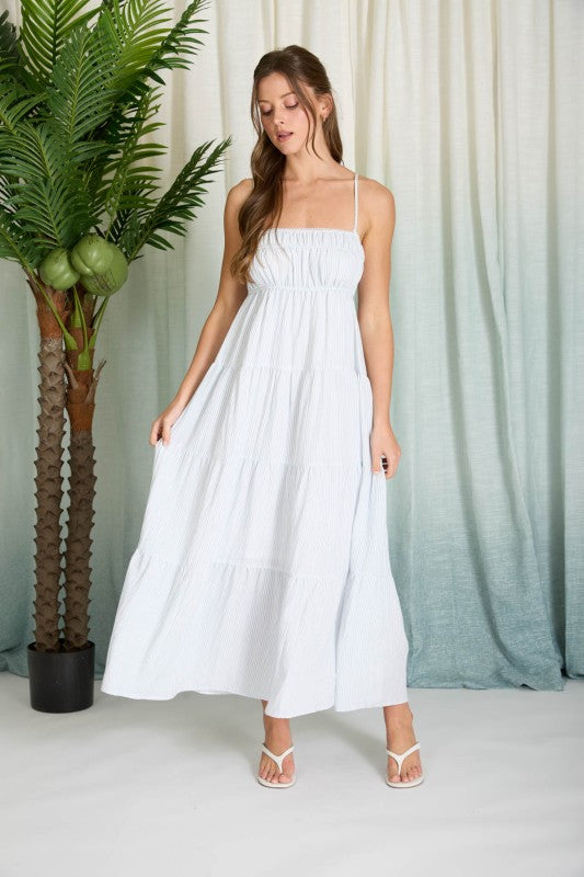 Striped Empire Waist Tiered Midi Dress | Light Blue