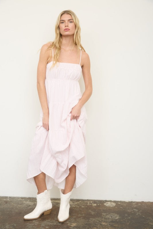 Striped Empire Waist Tiered Midi Dress | Light Pink