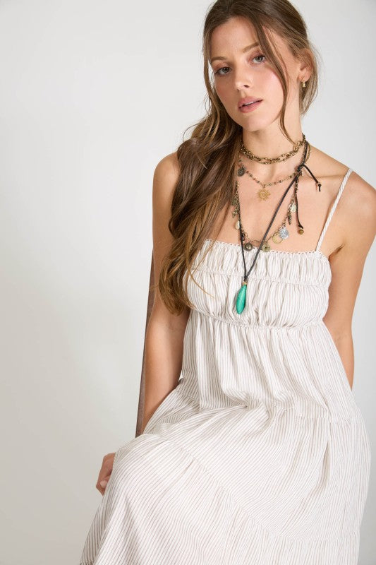 Striped Empire Waist Tiered Midi Dress | Light Mocha