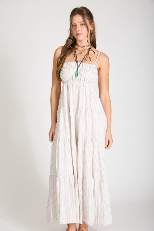 Striped Empire Waist Tiered Midi Dress | Light Mocha
