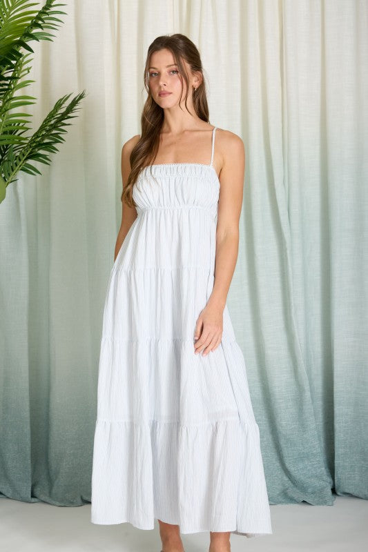 Striped Empire Waist Tiered Midi Dress | Light Blue