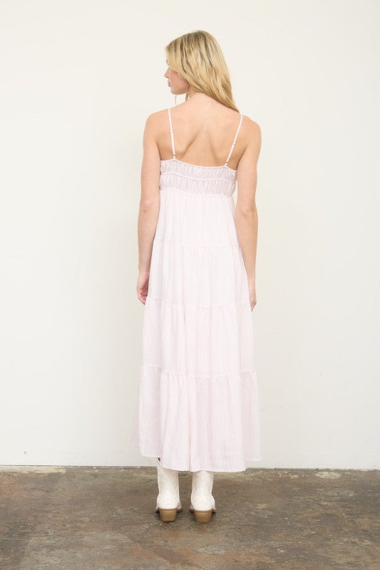 Striped Empire Waist Tiered Midi Dress | Light Pink