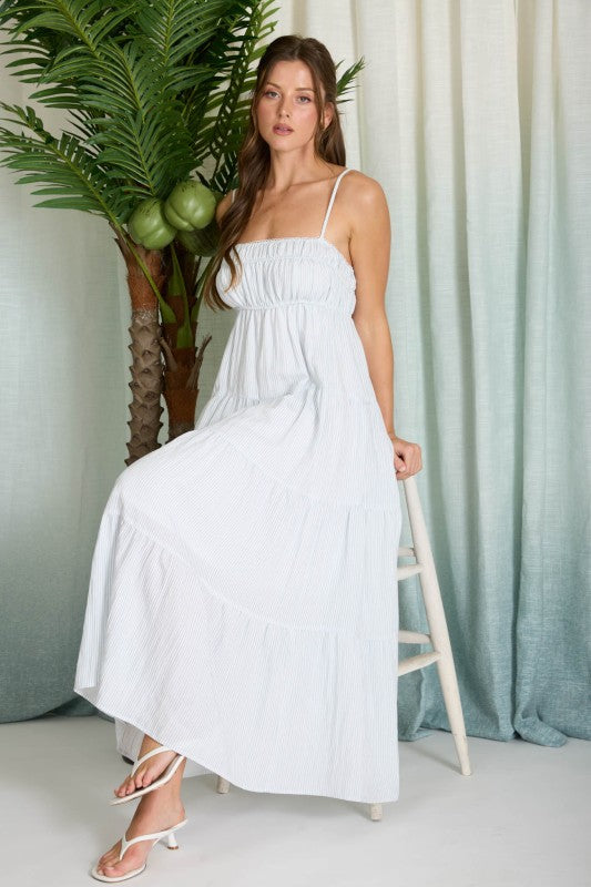 Striped Empire Waist Tiered Midi Dress | Light Blue