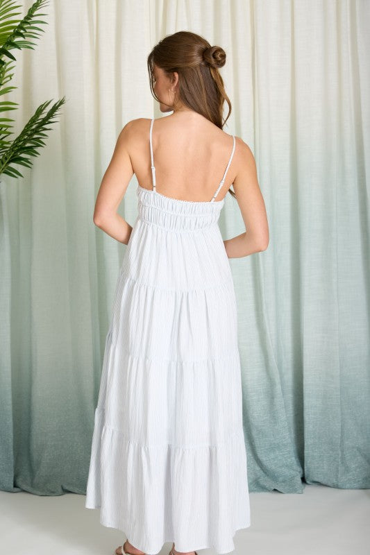 Striped Empire Waist Tiered Midi Dress | Light Blue