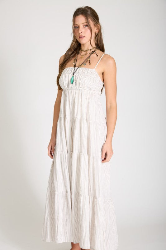 Striped Empire Waist Tiered Midi Dress | Light Mocha