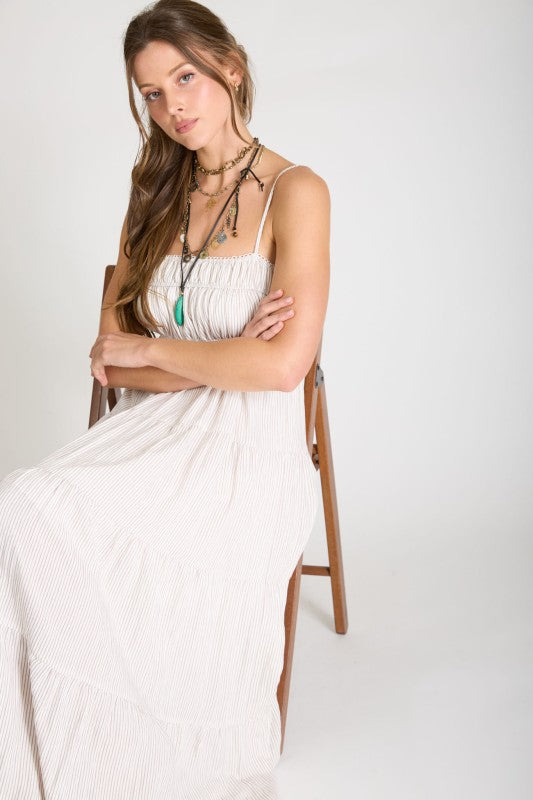 Striped Empire Waist Tiered Midi Dress | Light Mocha