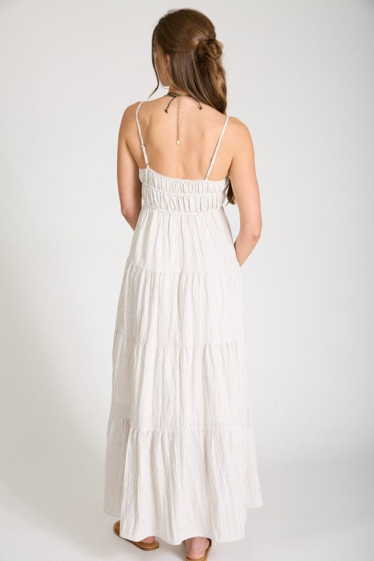 Striped Empire Waist Tiered Midi Dress | Light Mocha
