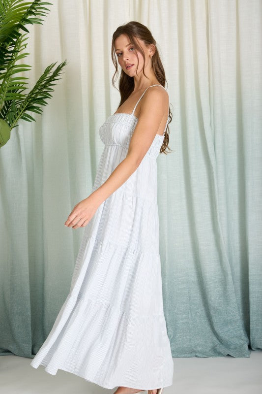 Striped Empire Waist Tiered Midi Dress | Light Blue