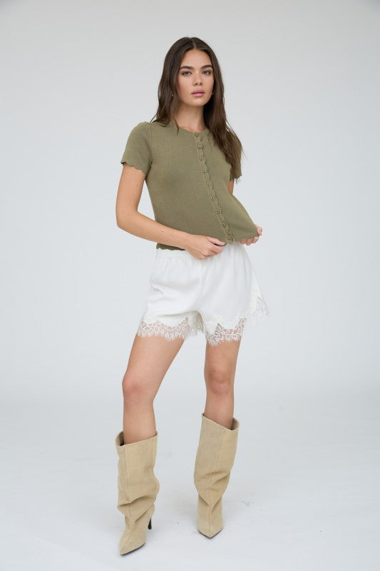 Scalloped Short Sleeve Button Cardigan Top | Olive
