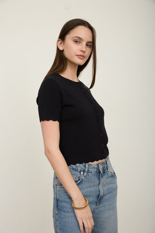 Scalloped Short Sleeve Button Cardigan Top | Black
