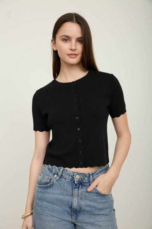Scalloped Short Sleeve Button Cardigan Top | Black